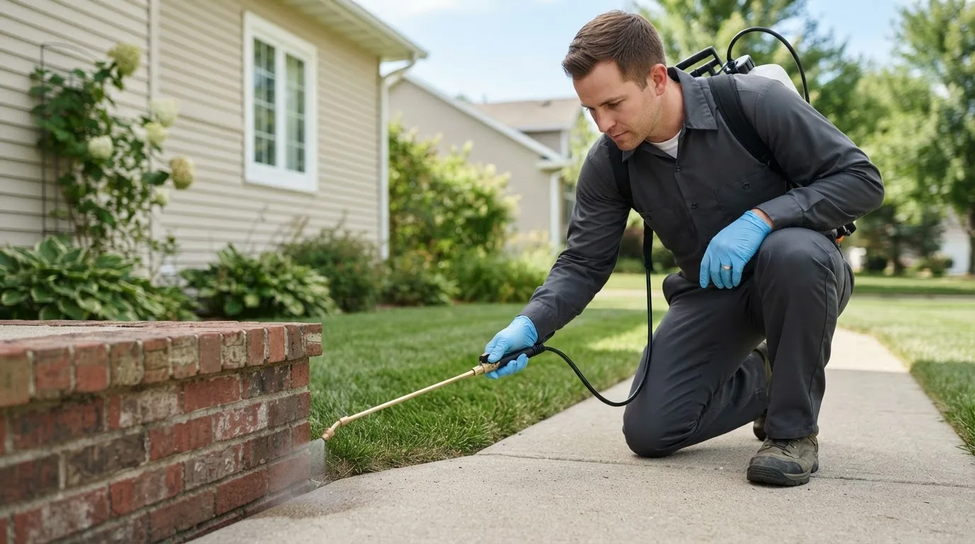 Pest control technician treating a home near Westfield, IN