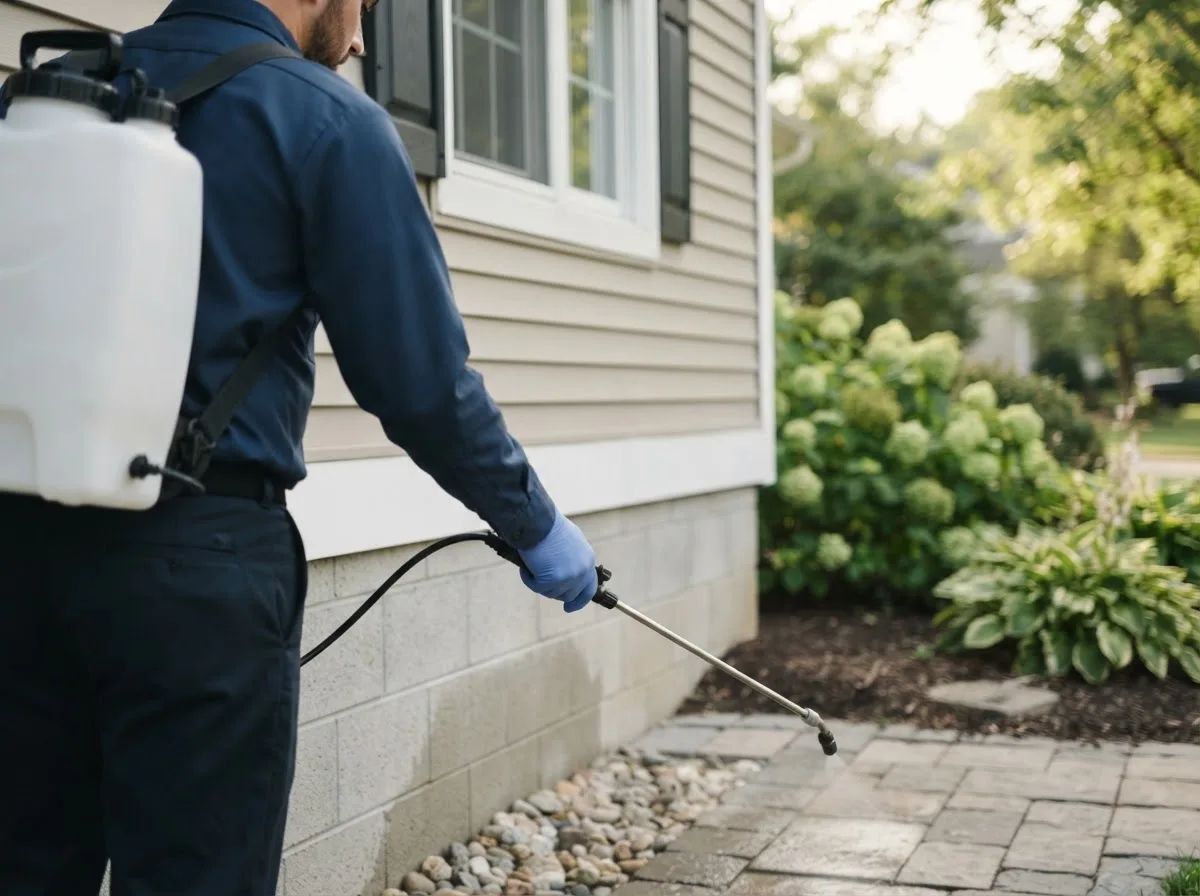 Pest control technician inspecting a home in Westfield, IN